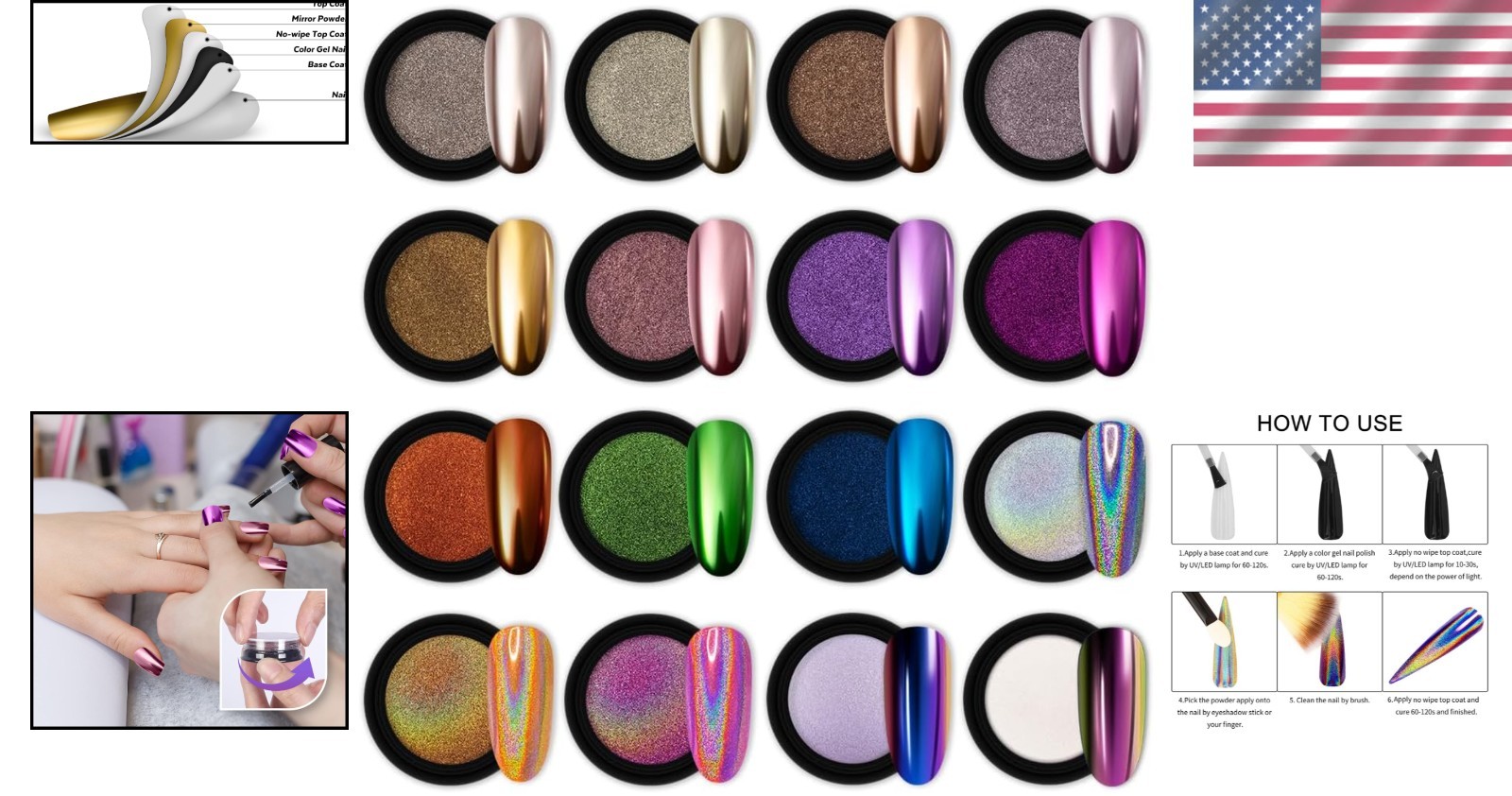 Professional Nail Art Chrome Powder – 16 Jars with Chameleon & Aurora Effects