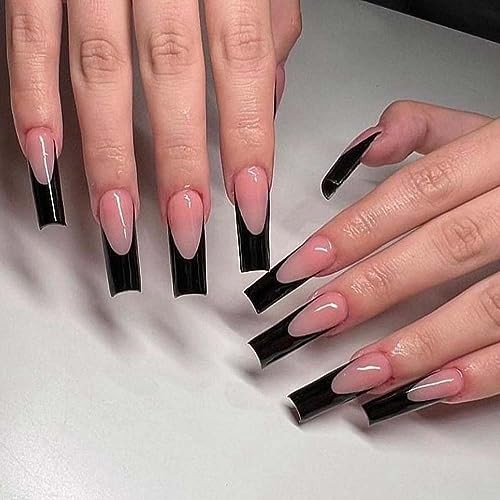 French Tip Press on Nails Long Coffin Black Fake Nail with Design on Nail for
