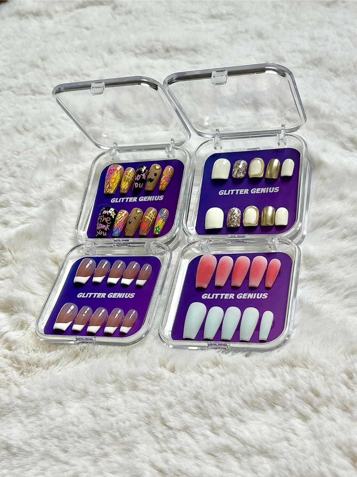 4PCS Korean Press‑On Nails – Mixed Designs, Pastel & Glam Styles