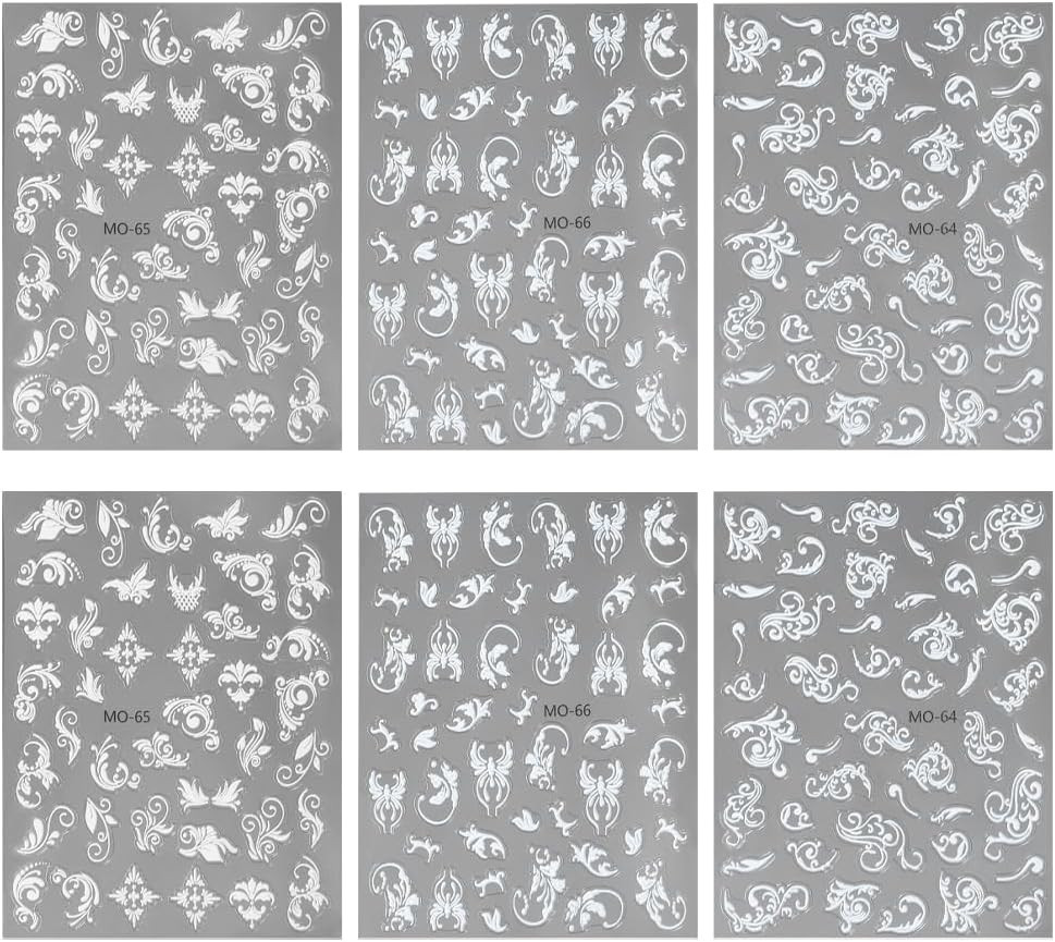 6 Sheets 5D Lace Flower Nail Stickers White Embossed Nail Art Decals DIY