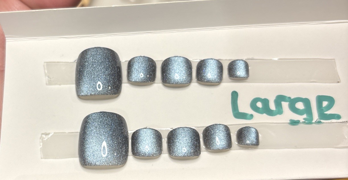 Press-On Toe Nails Square Short blue glitter cat eye Pre-Designed size Large