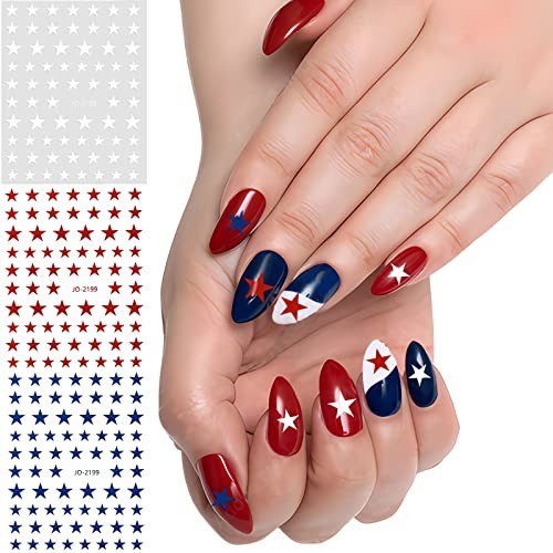 6 Sheets Red Blue White Star Nail Stickers, 3D Self-Adhesive Classic Star Nail