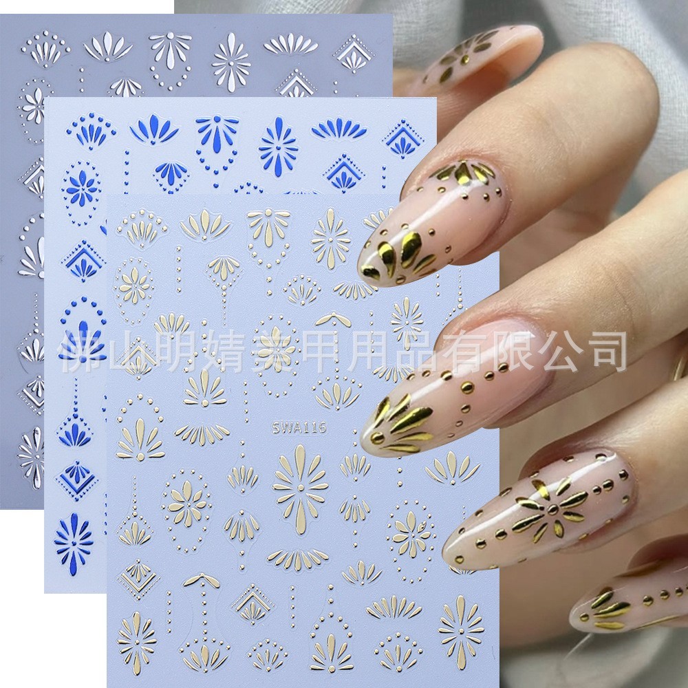 3 Sheets Bohemian Style Nail Stickers Gold Silver Blue Flower Petals Line NH28