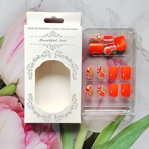 24Pcs Orange Press On Nails Short Square – WLGDLH Fake Nails Bright Design 1B1