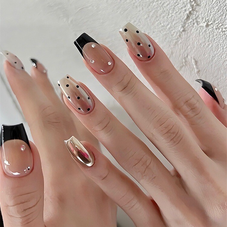 Press on nails Handmade polka dots and diamond tan & gold medium coffin XS S M L