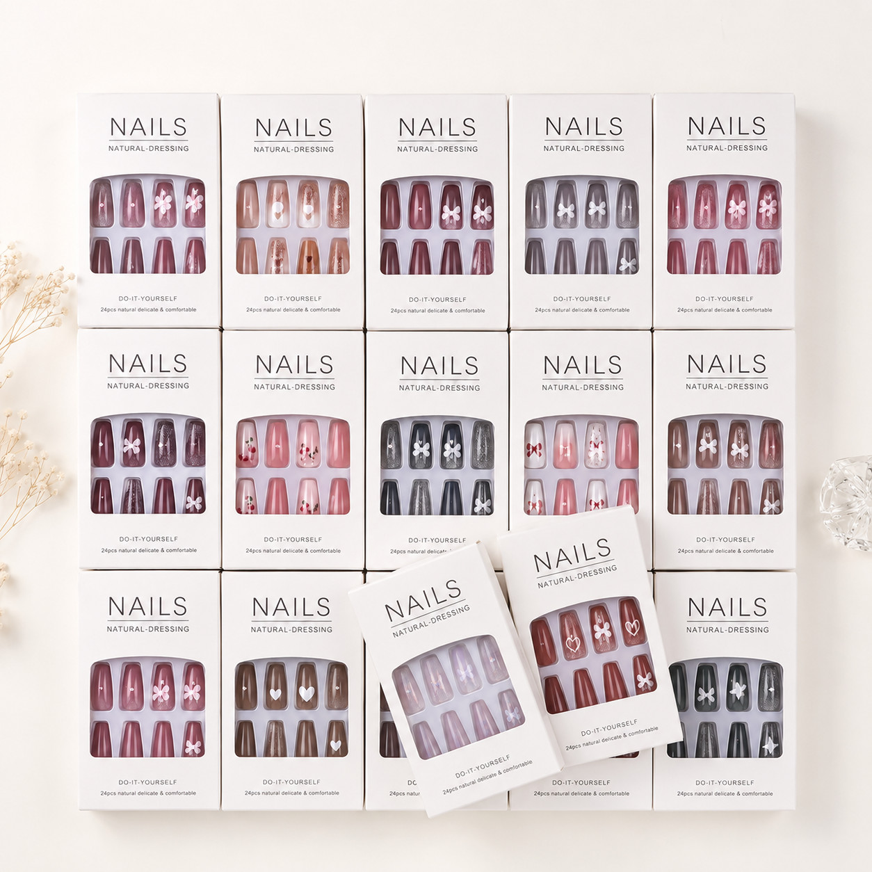 10 Boxes Pre Designed Floral Square Medium Press On Nails, Shiny Multicolor Nail
