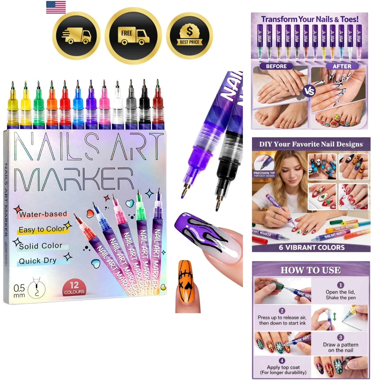 12 Colours Nail Art Markers, Nail Art Pens, Nail Polish Pens Set with Fine Ti…