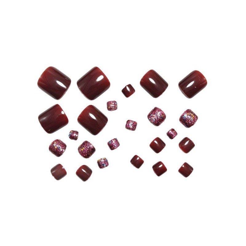 48pcs-Plum Purple Nails, Press on Toenails with Sparkly Pink Glitter Details