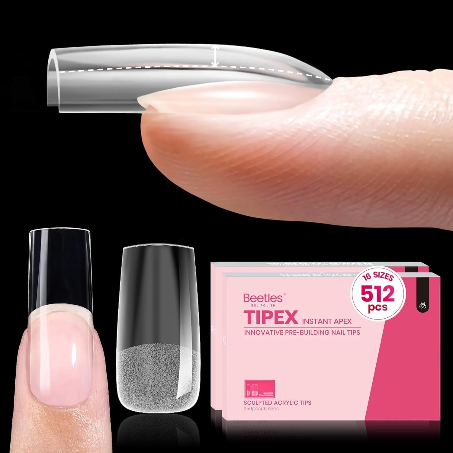 Beetles Tipex Instant Apex Nail Tips, 512Pcs Square Medium Pre-Building Pre-Etch
