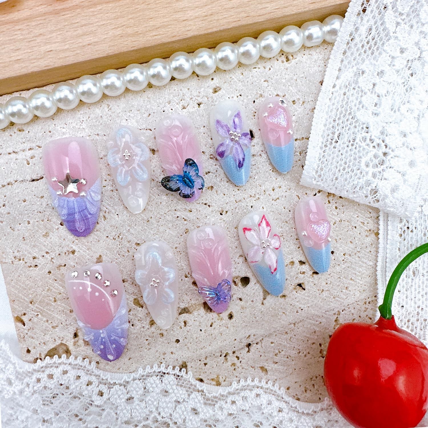 30Pcs Spring Butterfly Press on Nails Medium Almond Purple French Tip Fake Na…