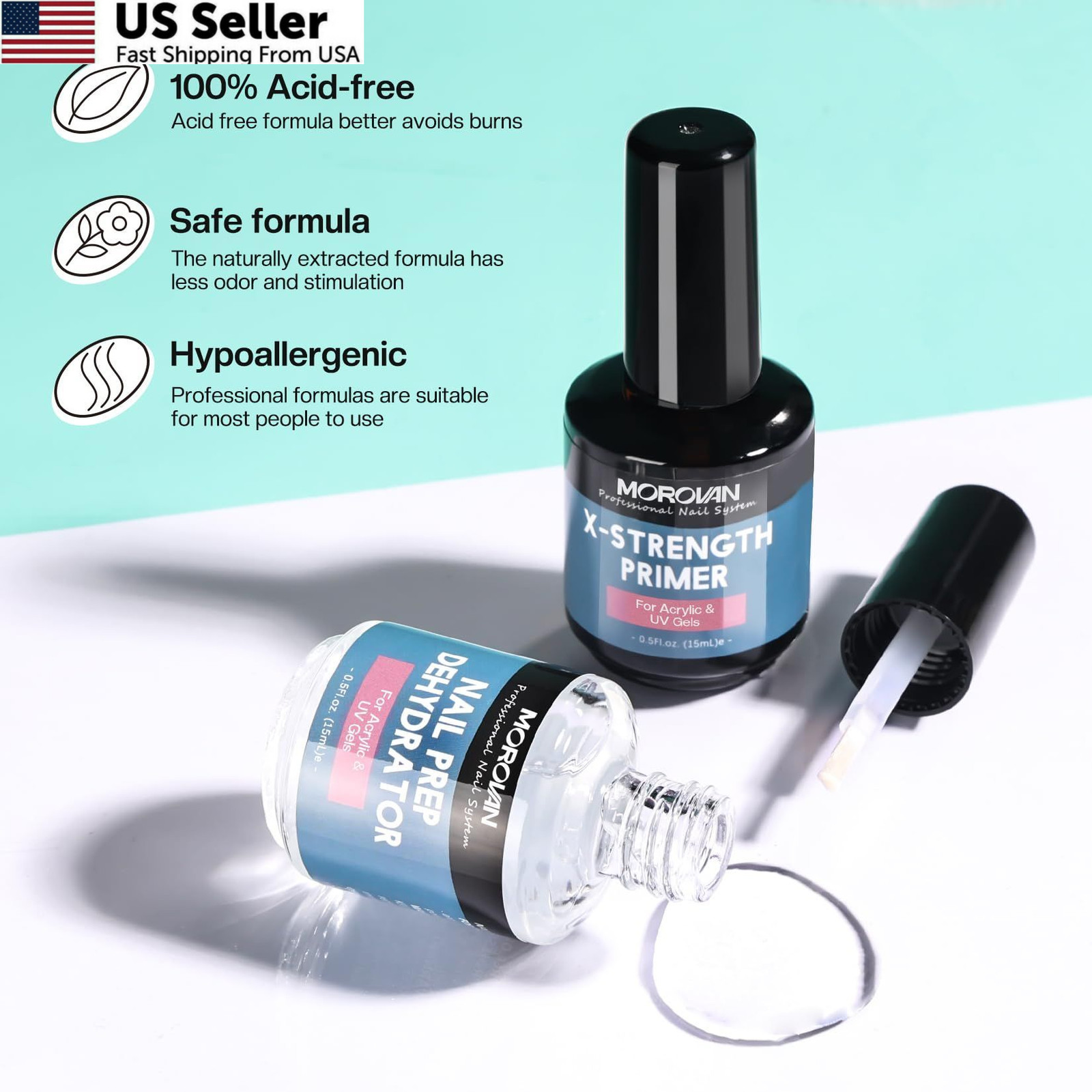 Morovan Nail Prep Dehydrate and Primer 0.5 Fl Oz (Pack of 2), Clear
