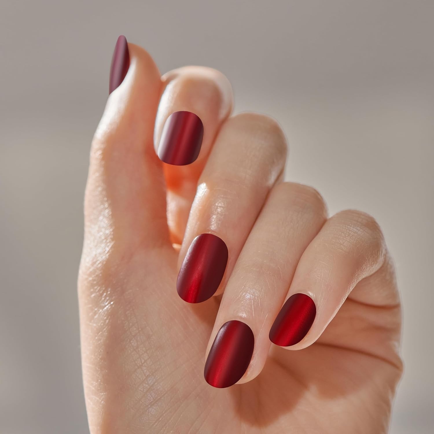 No Glue Mani Press on Nails, Color FX, ‘Hidden Gem’, Red, Short Size, Oval Shape