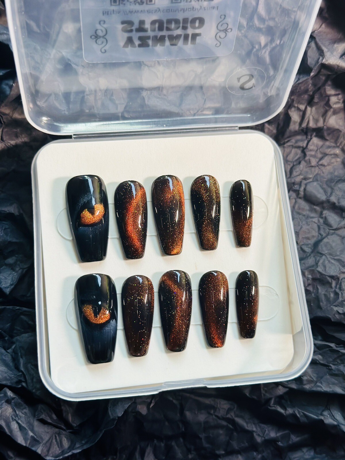 CUSTOM Black cat eye Handmade press on Gel nails long coffin Nails Set Size:S