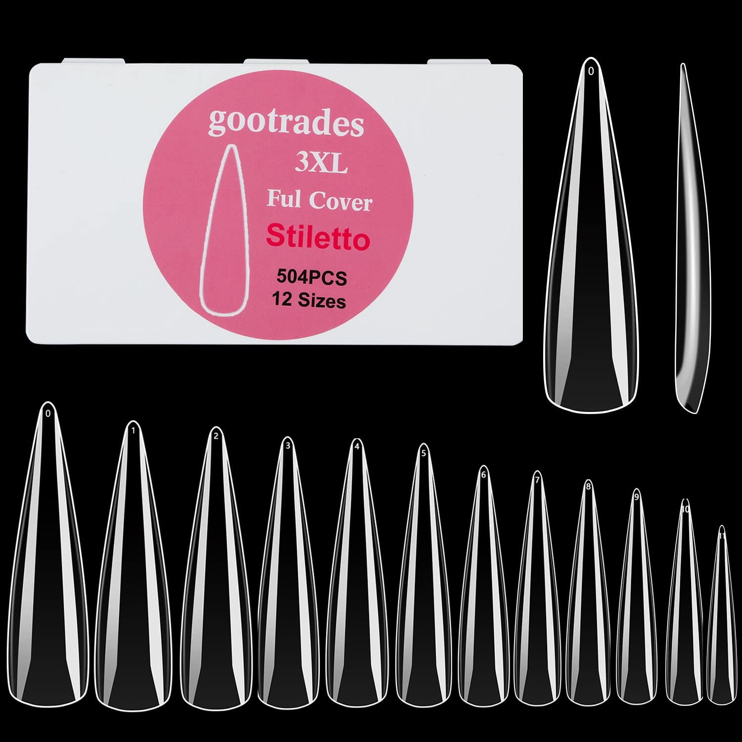 INENK No C Curve XXL Stiletto Coffin Nail Tips 400Pcs Clear Acrylic 10 Sizes