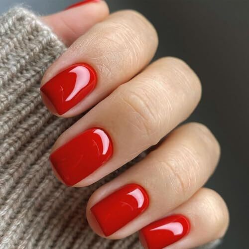 Red Press on Nails Short Square Fake Nails Classic Red Glossy Handmade color-2