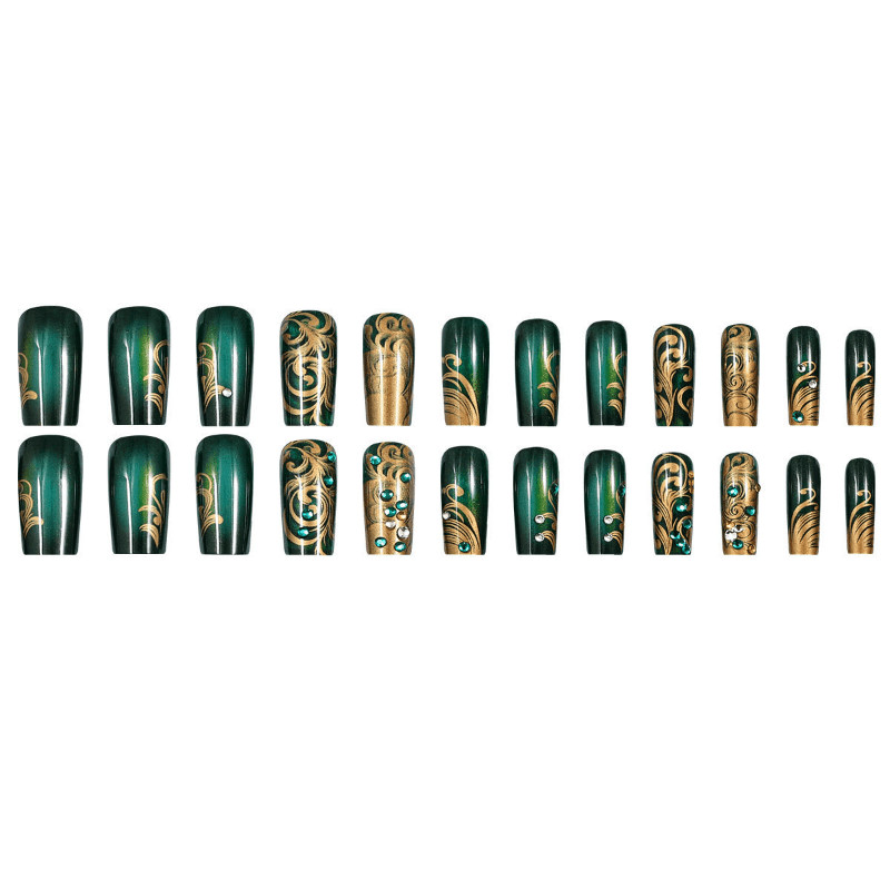 48pcs Long Taper Press on Nails, Dark Green Gold Swirl Rhinestone Luxury Nails