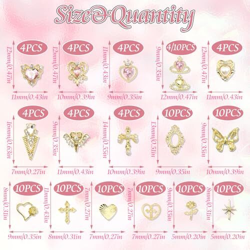 122PCS Gold Nail Charms Pink Rhinestone Heart Charms for Nails Art Luxury