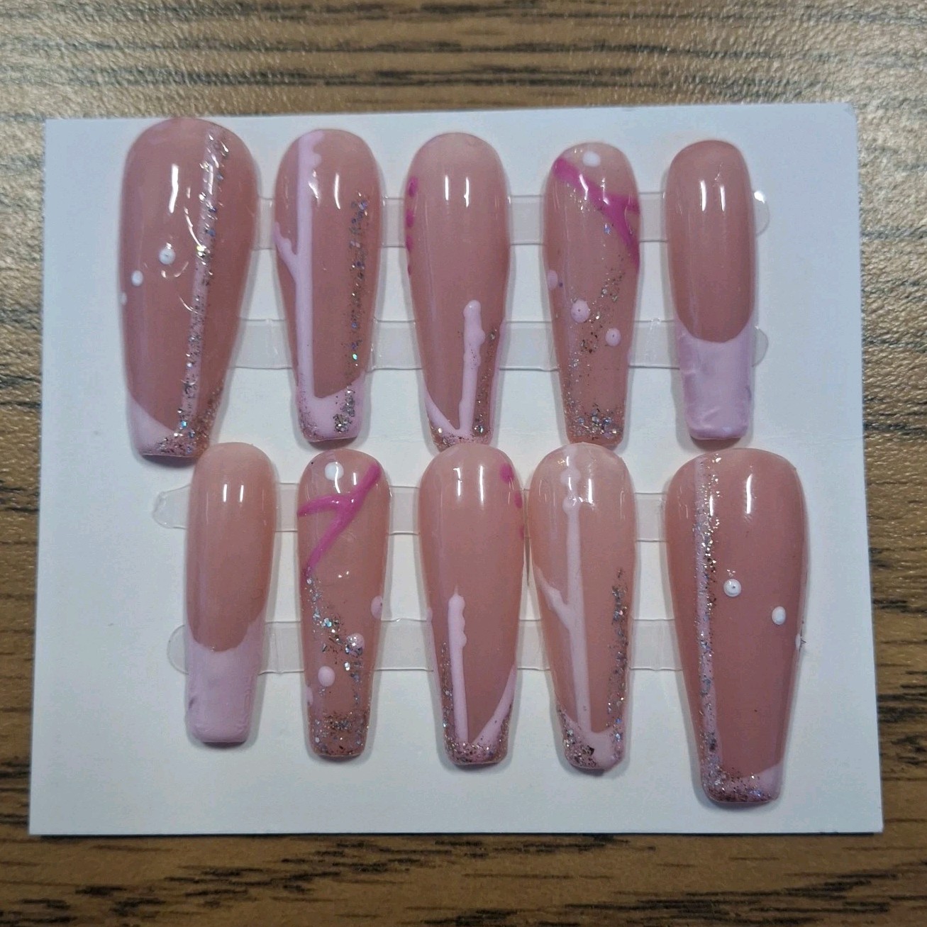 Handmade Custom Long Coffin PressOn Nails Pink Glitter, Pre-Designed Nail Art