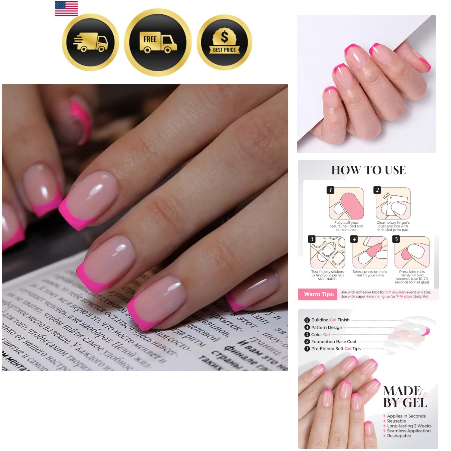 32Pcs Soft Gel Press on Nails – 16 Sizes Hot Pink French Tip Short Square Glu…