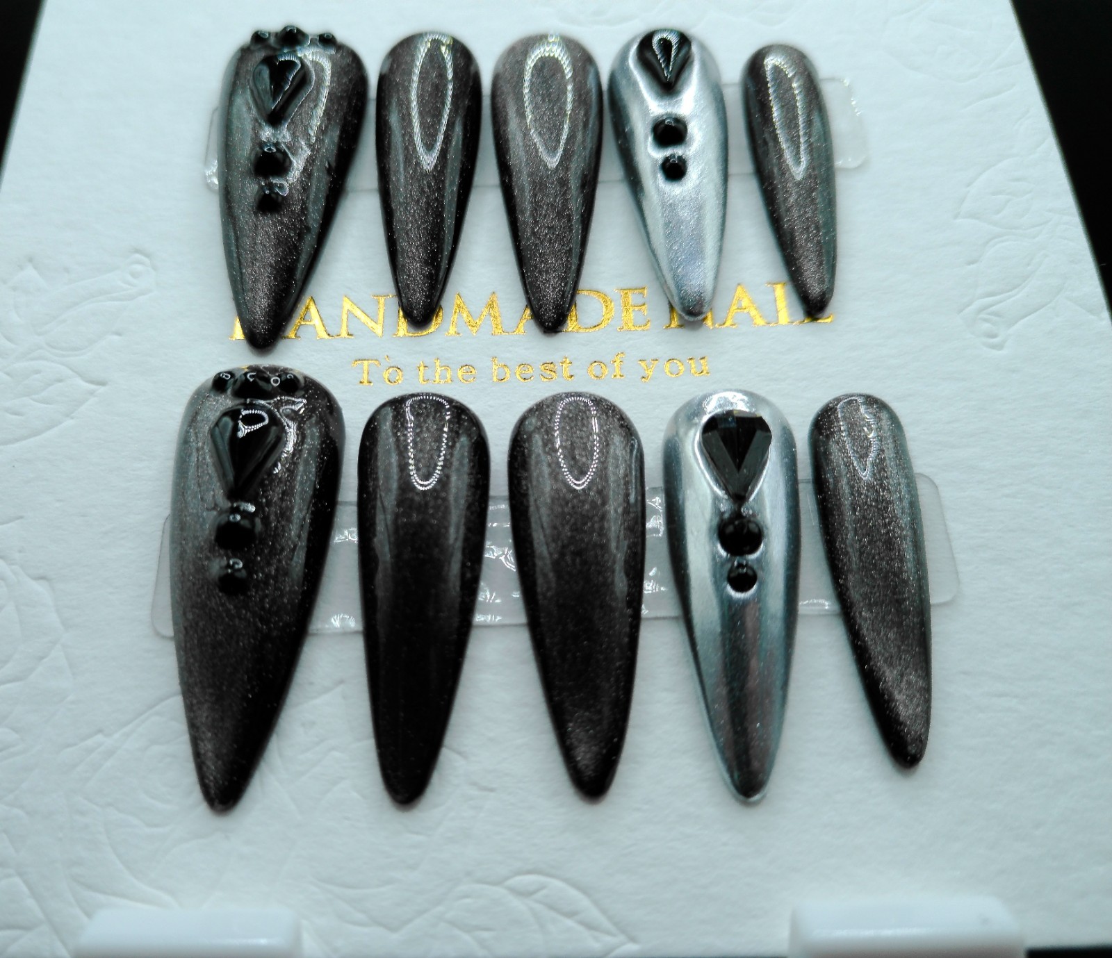 Cat Eye Black and Metallic Chrome Stiletto Press On Nails – Medium