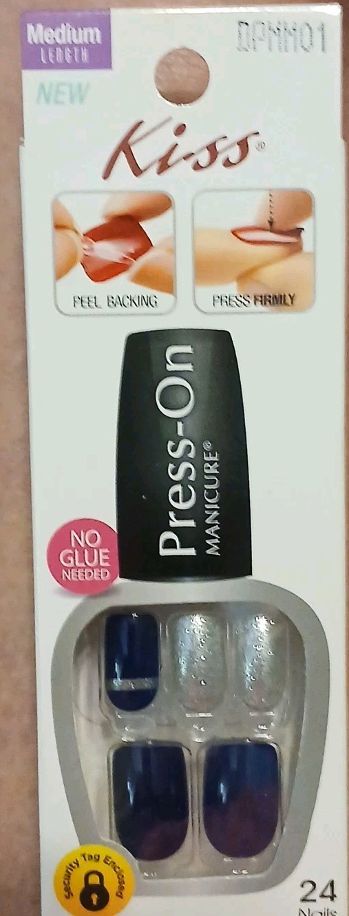Kiss Press-On Manicure 24 Medium Square Tip Nails Royal Blue Silver Glitter