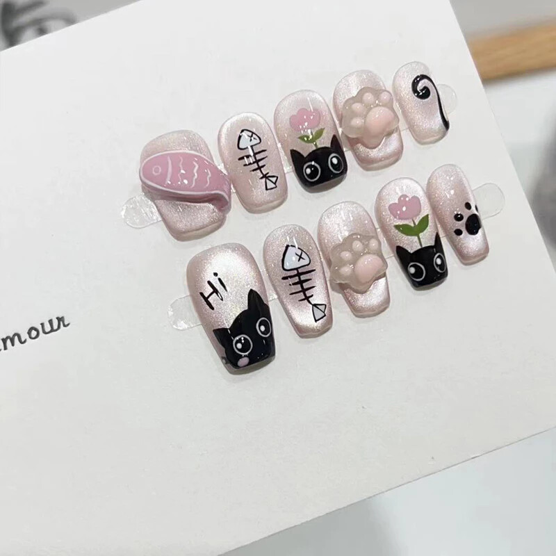 Handmade French Handpainted Cute Animal 3D Bow Fake Nail Short Press On Nail Set