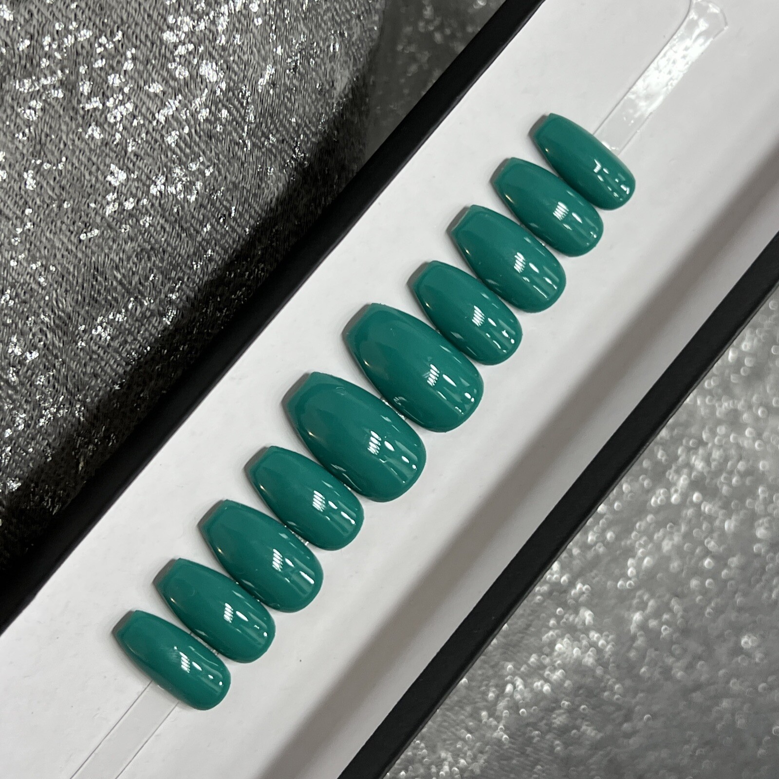 🔥 CUSTOM Gel Press On Nails, ￼ ￼Blue Green, Ballerina short, 10p Set W FULL KIT