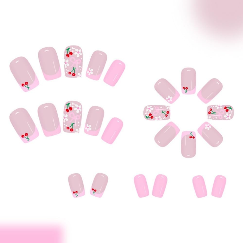 French Tips Press on Nails Medium Square Fake Nails with Flower Bow Design Gl…