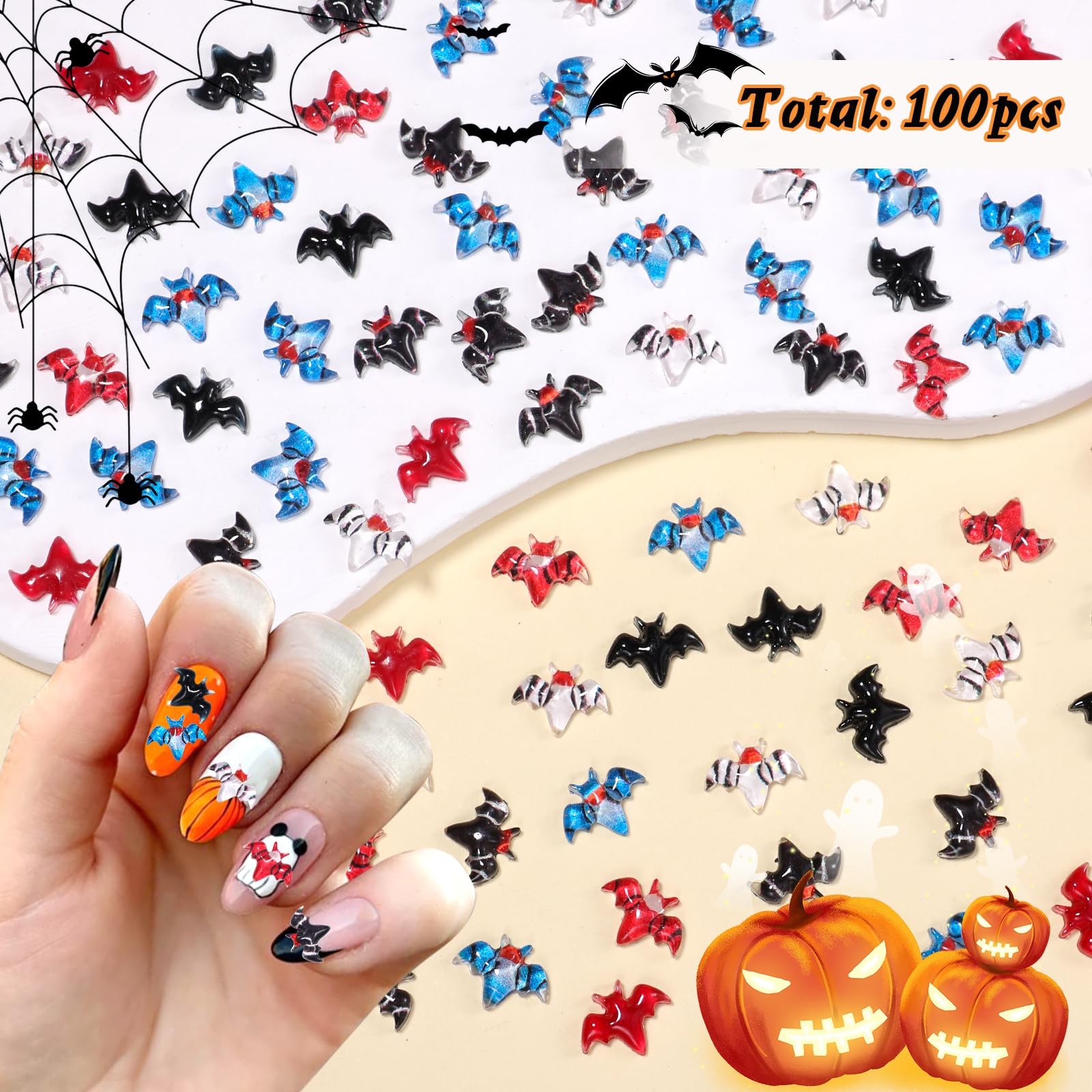 100 Pcs Bat Nail Charms Mini Figurines, 6 Styles Resin Flatback Bat Halloween…