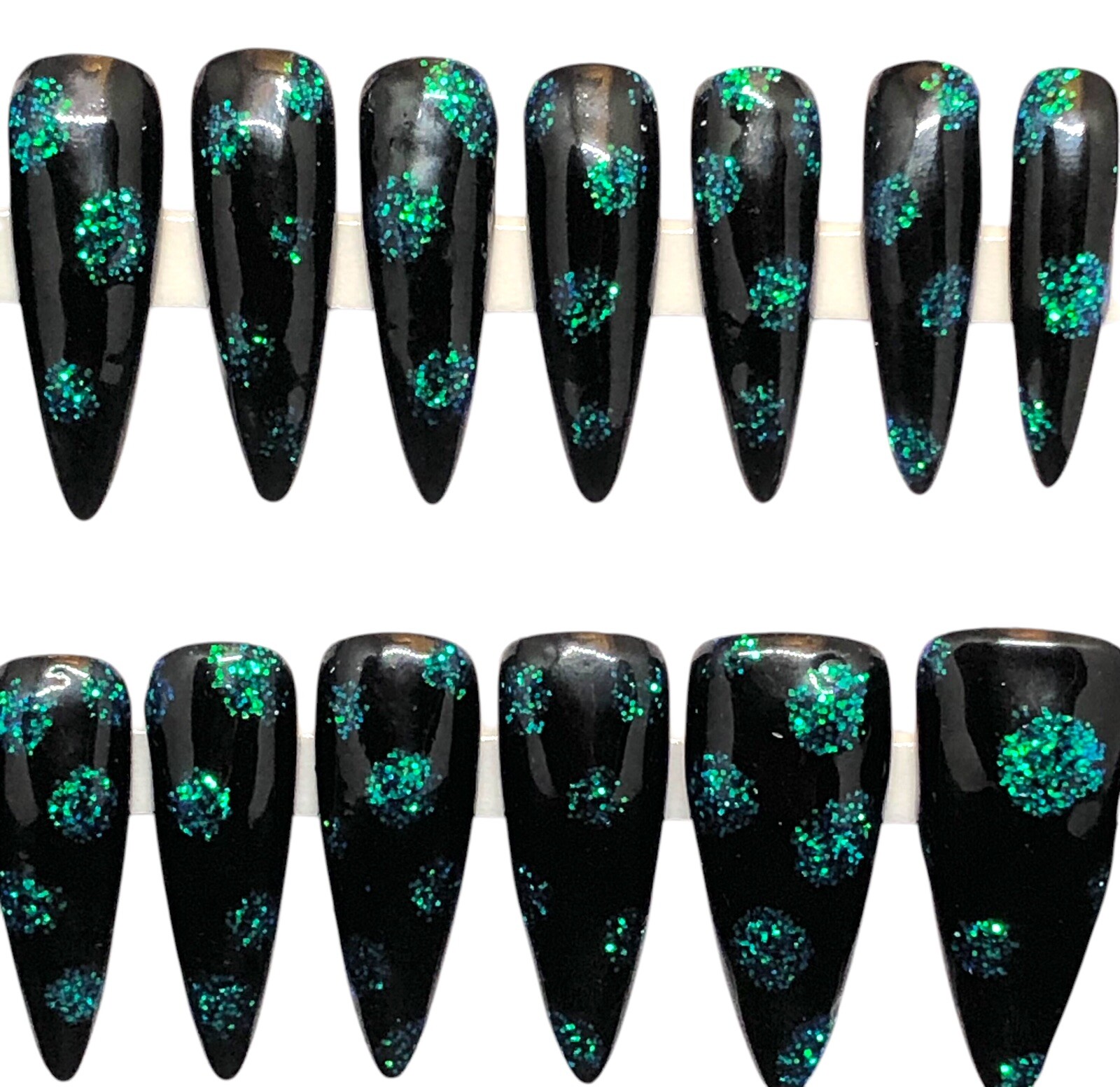 Custom Handmade Press On Nails Long Almond Black & Teal Plus Matching Jewelry