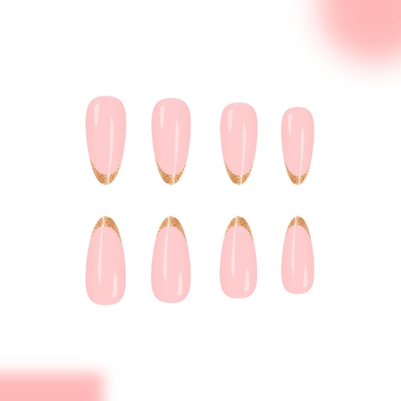 24Pc Middle Length Glitters Fake Nail Gold Trim French Tips Press On Nail
