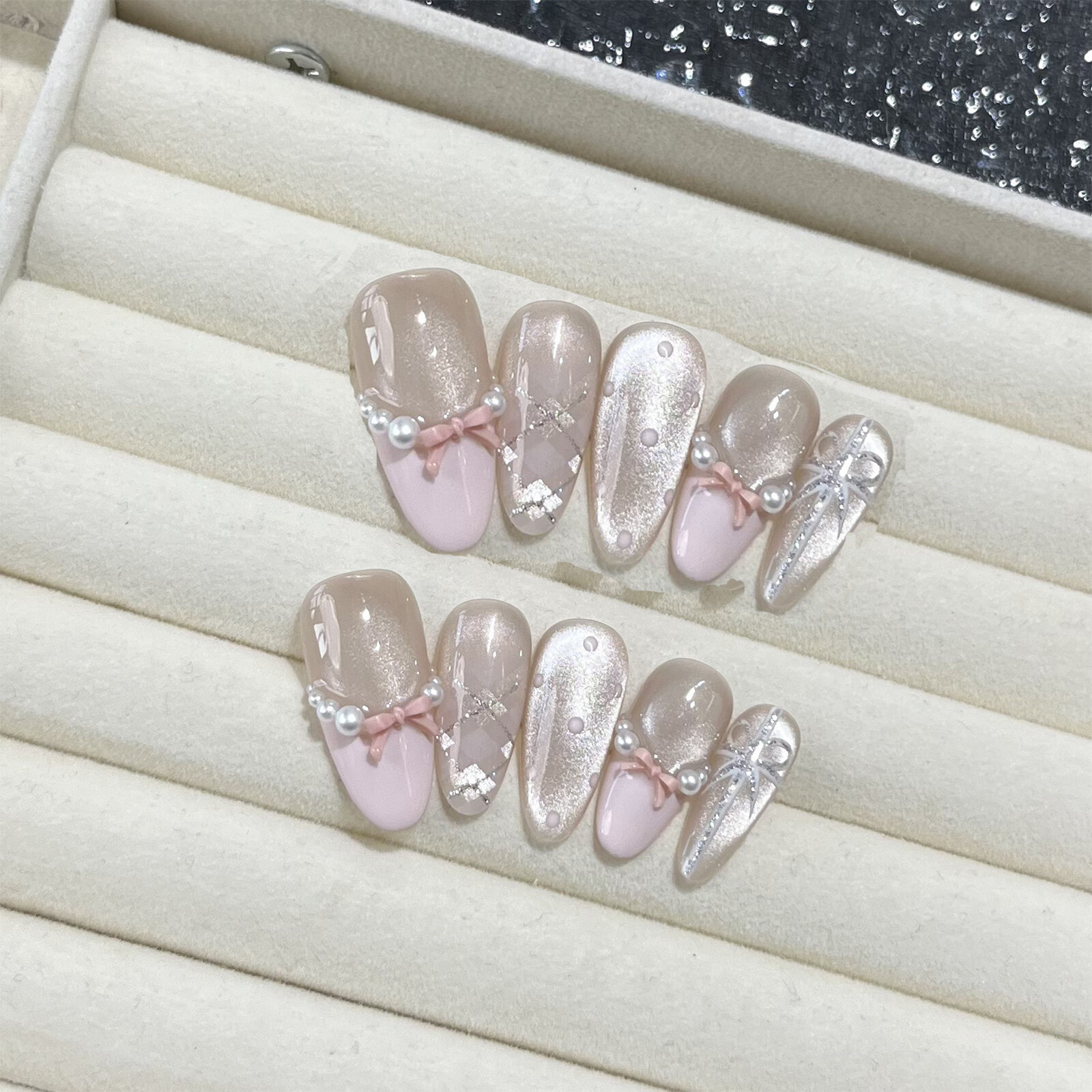 Handmade False Nail French Pink Clear Cat Eye Checkered 3D Bow Press On Nail