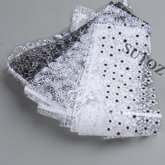 10Pcs Black White Flower Vine Lace Foils Nail Art Transfer Stickers #F NH30