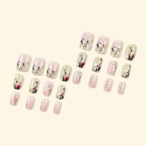 Square Press on Nails Short False Nails with Floral Leaf Design French Tip