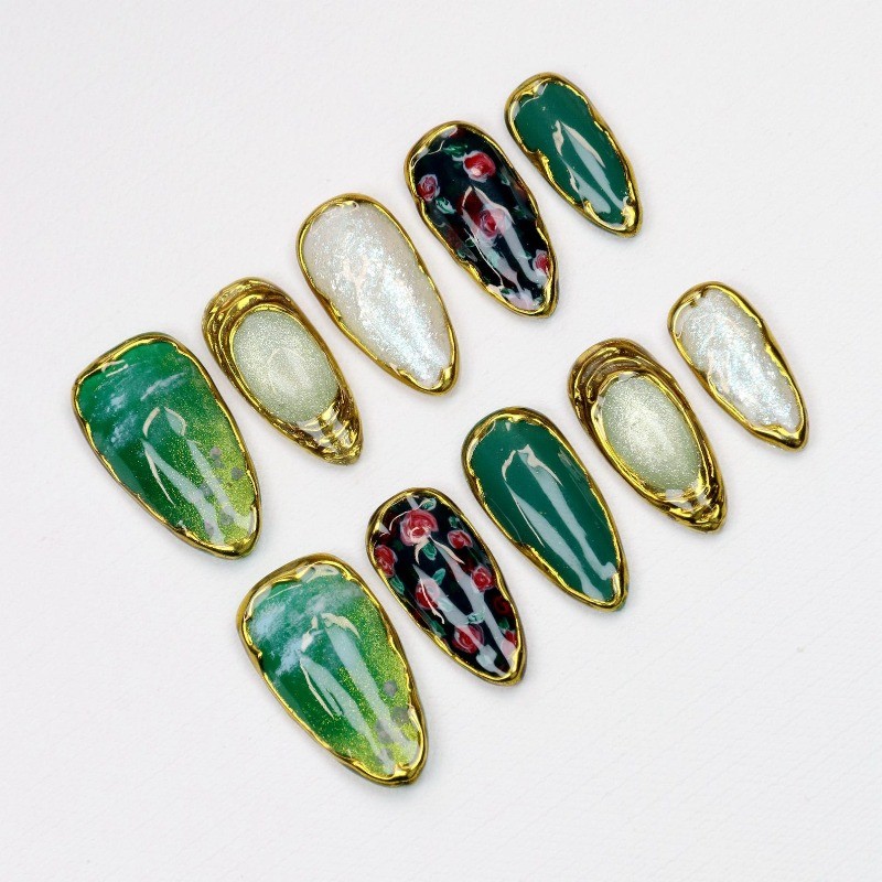 Custom Pure Handmade Nails Dark Green Gold Trim Floral Luxury Daily Manicure