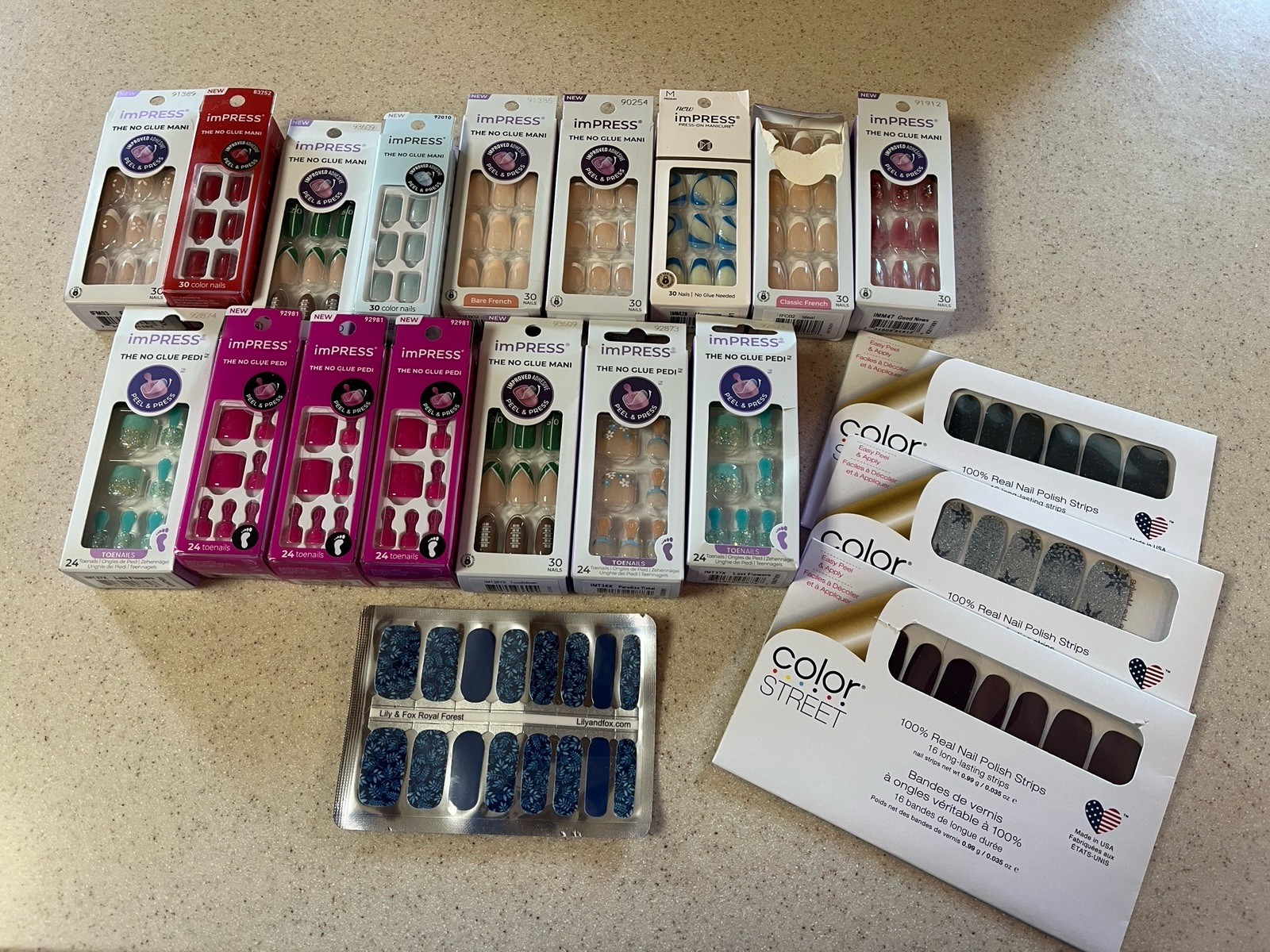 KISS Impress Lot Of 10 No Glue Mani-6 Pedi & 3 Color Street Nail Polish Strips
