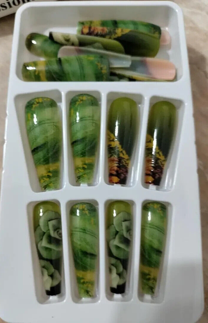 24 Pcs Set Long Coffin Press On Nails Floral Green Full Cover Acrylic Fake NIB