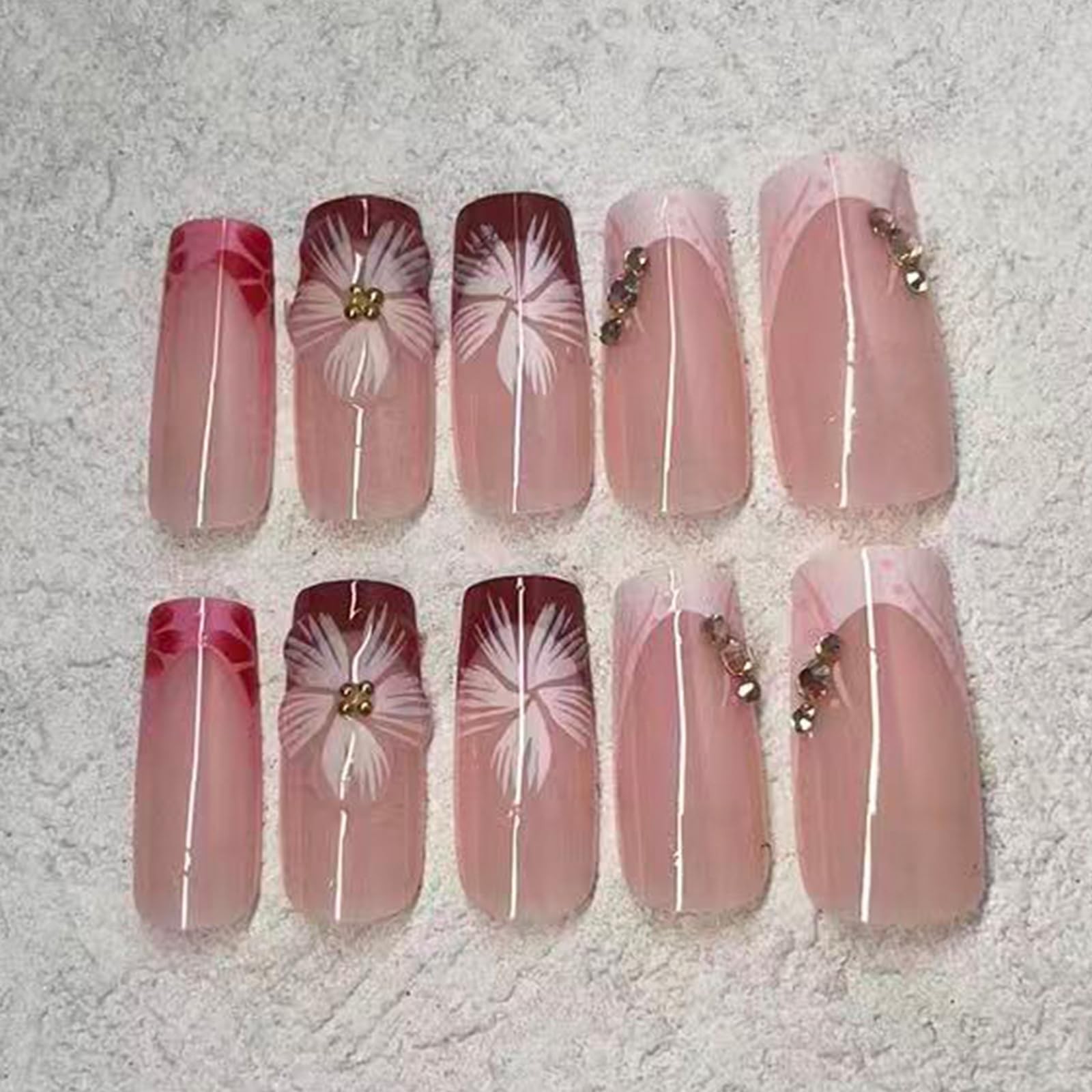 Jremg French Tip Press on Nails Medium Square Fake Long Square, Multicolor