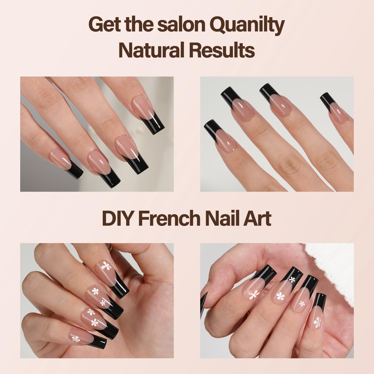 150Pcs Black French Gel Nail Tips, Long Square Nail Tips, Pre-French Tips Pre…