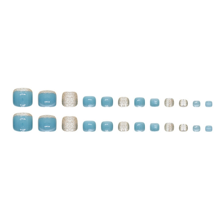 Detachable Toe Glue-On Fake Nail Glitter Gold Blue Color Gradient Pedciure 24pcs