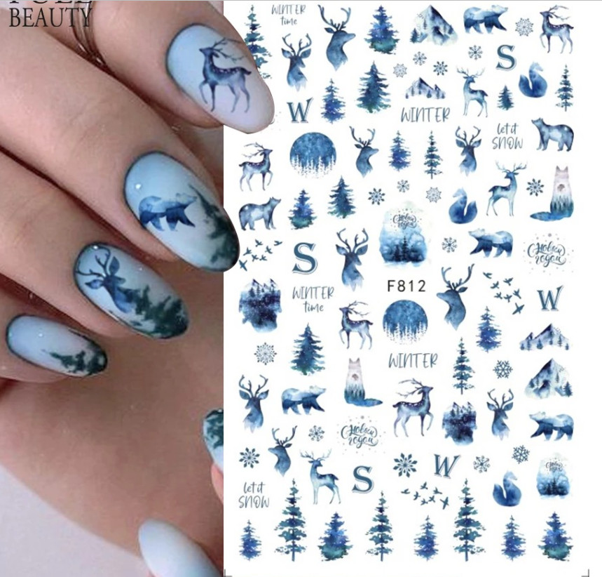 Nail Art Stickers Decals Winter Spring Snow Animal Deer Pine Cotton Plants NH21