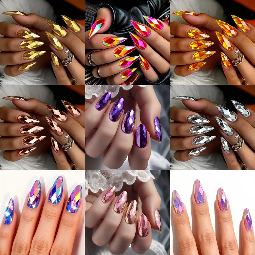 24pcs Gold Diamond-Cut Stiletto Press-On Nails, Luxe for Weddings & Parties