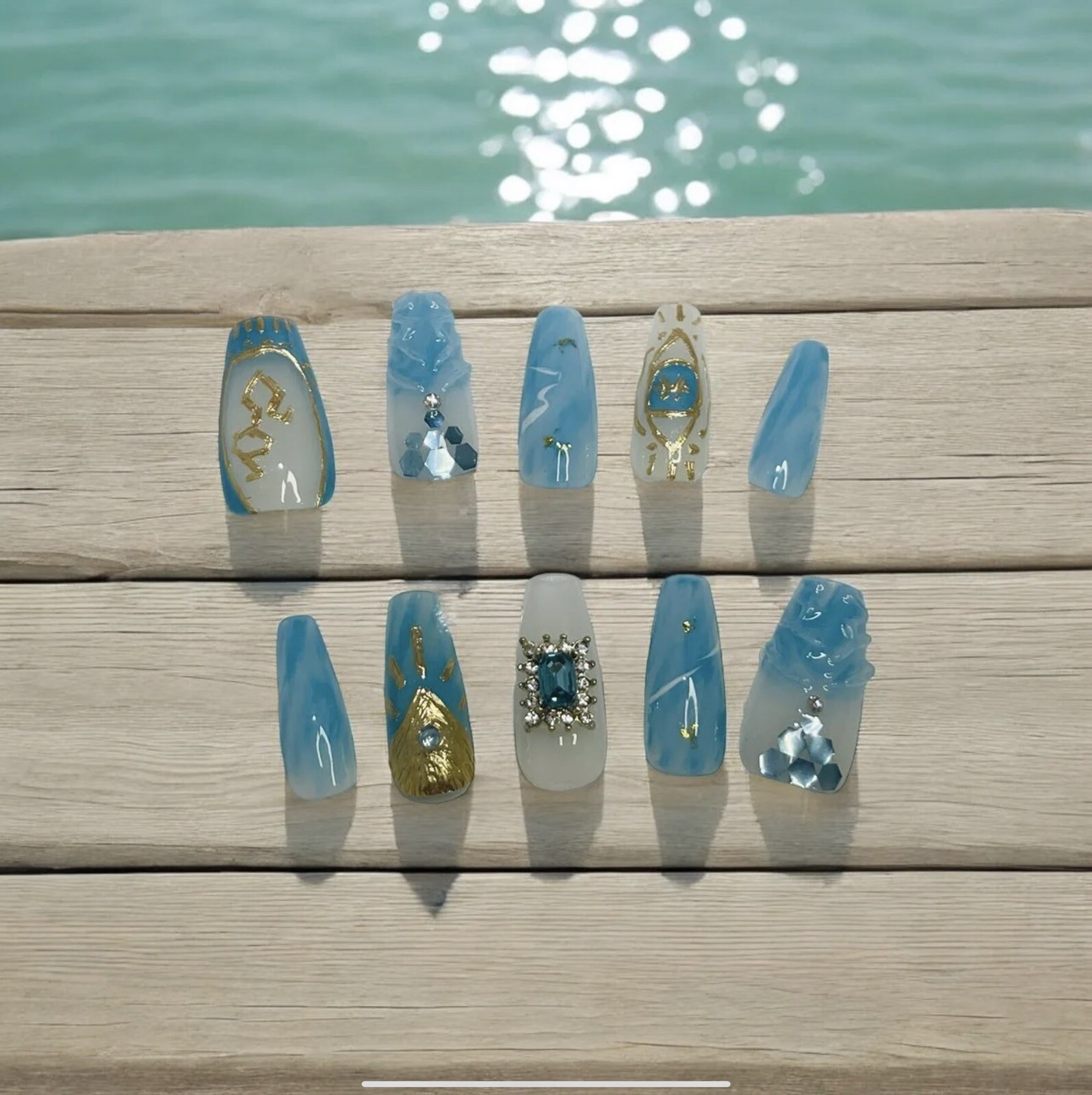 Atlantis’s Jewel Blue French Press On Nails Long Length (M/L）
