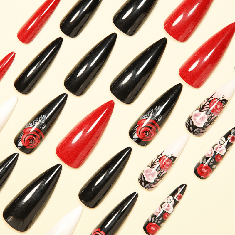 48pcs Stiletto Press on Nails, Black Red Ombre 3D Rose Gothic Manicure Nails