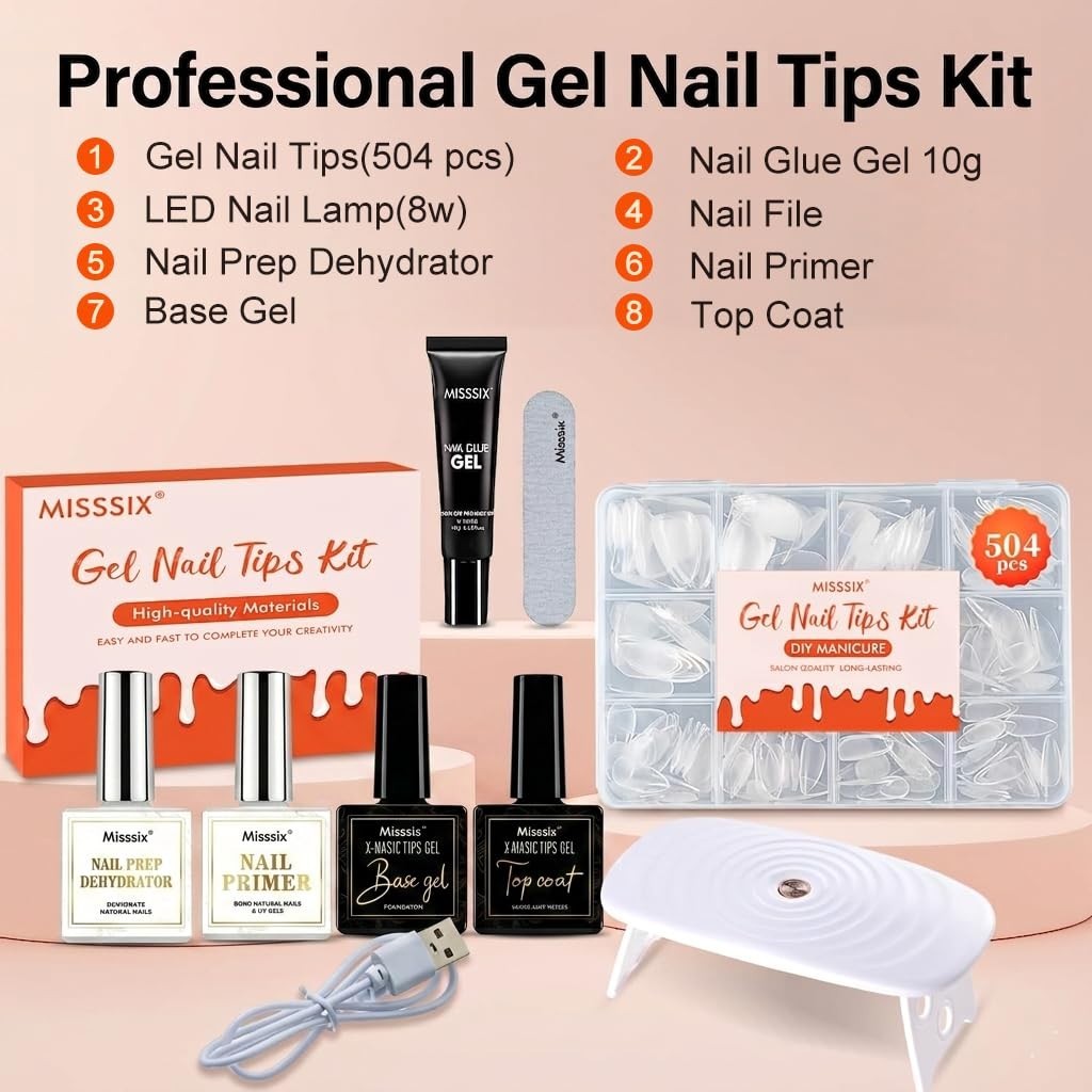 504Pcs Short Almond Clear Fake Nail Tips Kit with Gel Glue, Dehydrator & UV Lamp