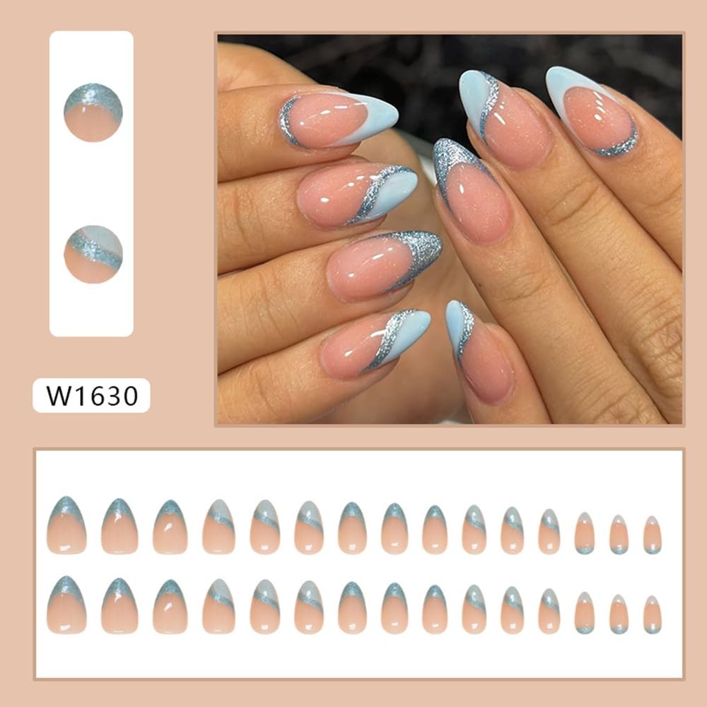 Light Blue French Tip Press on Nails Medium Almond – QUNQINLI Fake Design AB2