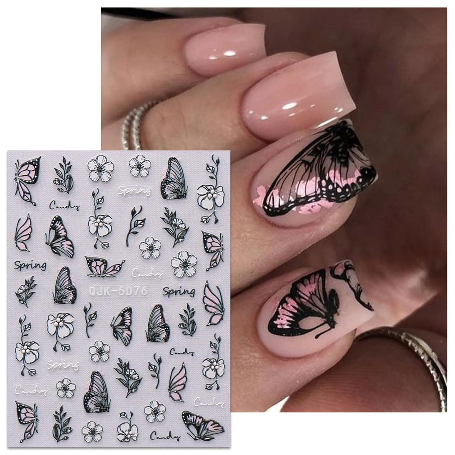 6 Sheets 3D Embossed Spring Flower Nail Art Stickers Decals Self-Adhesive