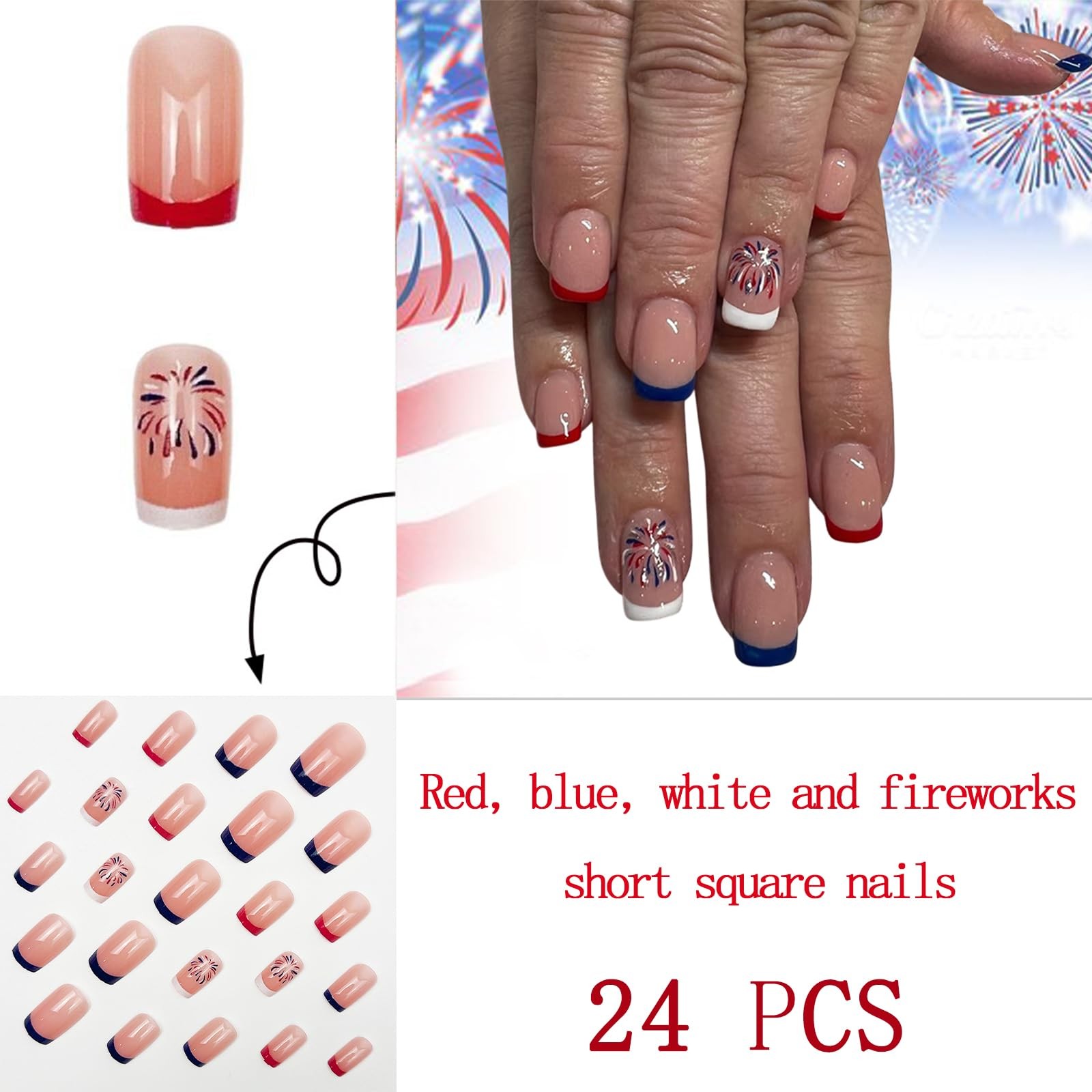 4th of July French Fireworks Press on Nails Short Square Multicolor