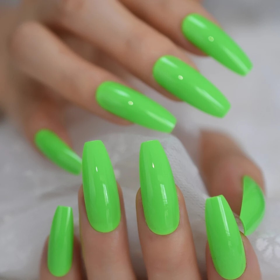 24 Bright Neon Long Press on nails glue 80s rave miami Pink orange blue green
