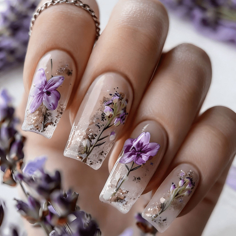48pcs Long Taper Press on Nails, Clear Nude Purple Lavender Dried Flower Nails
